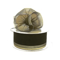 1.5 Inch Brown Organza Pull Bow Ribbon With 4 Rows of Gold Stripe Accents, 25 Yards (Lot of 1 Spool) SALE ITEM